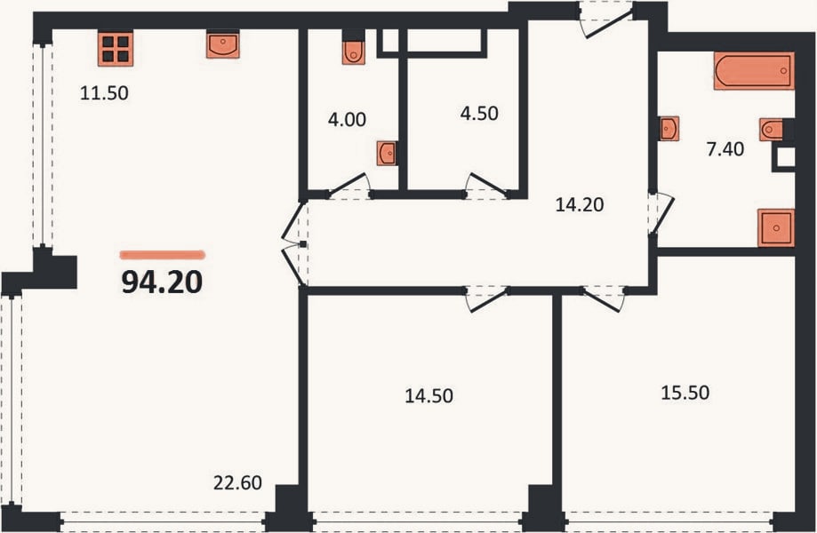 Планировка: 2-к, 94,2 м²