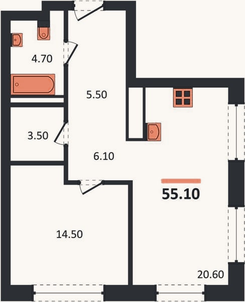 Планировка: 1-к, 55,1 м²