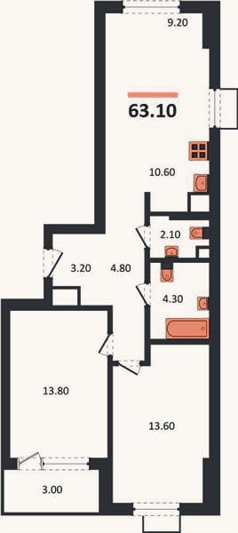 Планировка: 2-к, 63,1 м²