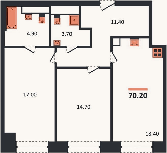 Планировка: 2-к, 70,1 м²