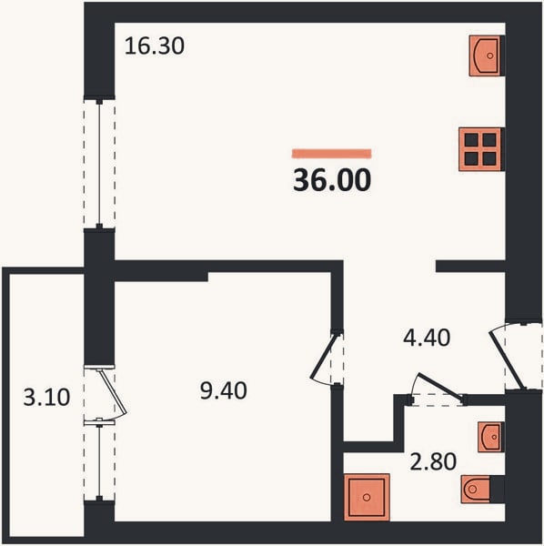 Планировка: 1-к, 36 м²