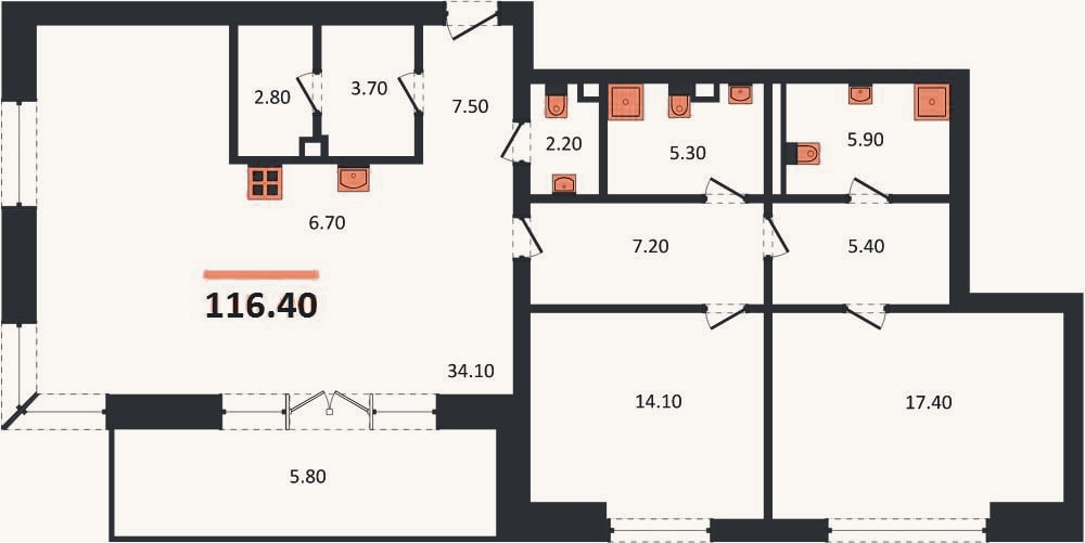 Планировка: 2-к, 116,4 м²