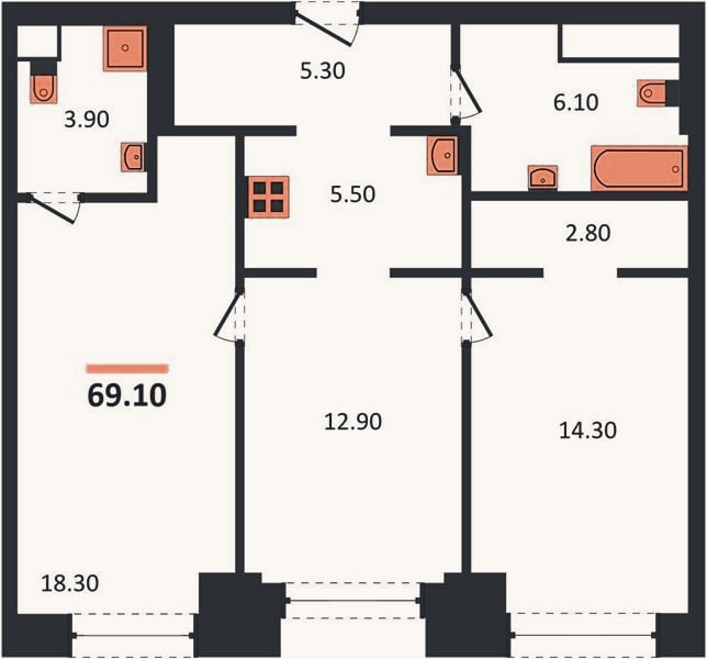 Планировка: 2-к, 69,1 м²