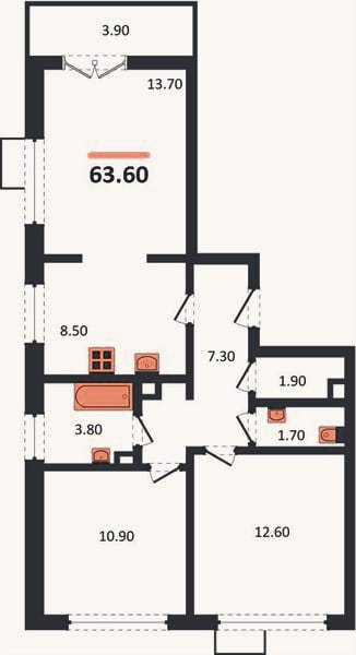 Планировка: 3-к, 63,6 м²