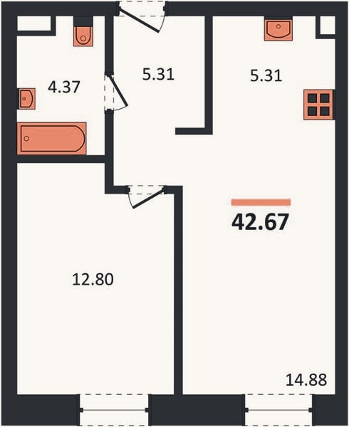 Планировка: 1-к, 42,7 м²