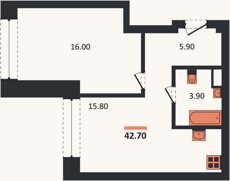Планировка: 1-к, 42,7 м²