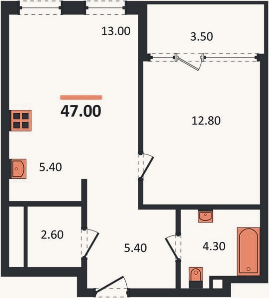Планировка: 1-к, 47 м²