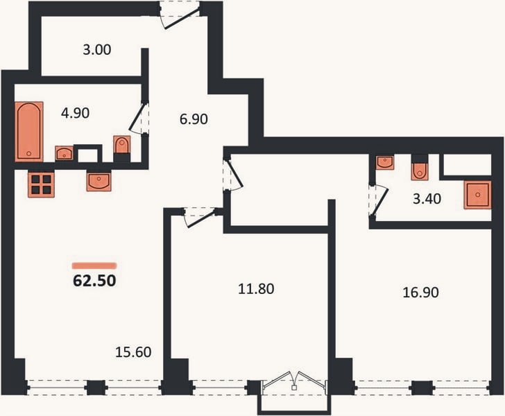 Планировка: 2-к, 62,5 м²