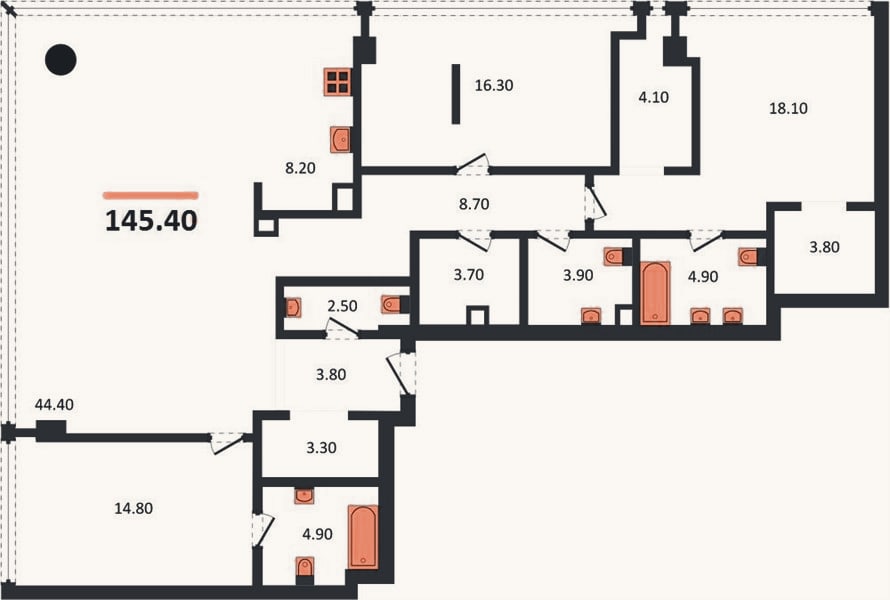 Планировка: 3-к, 145,4 м²