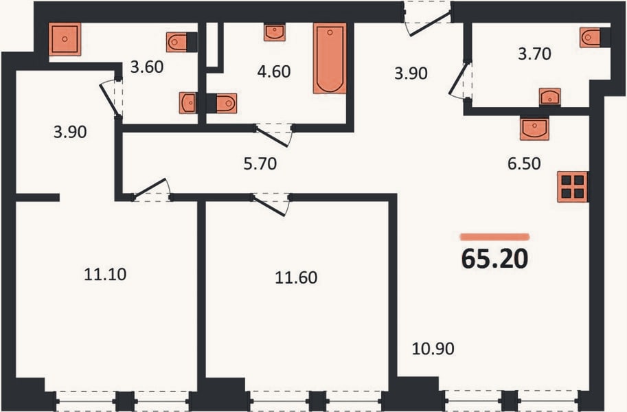 Планировка: 2-к, 65,2 м²