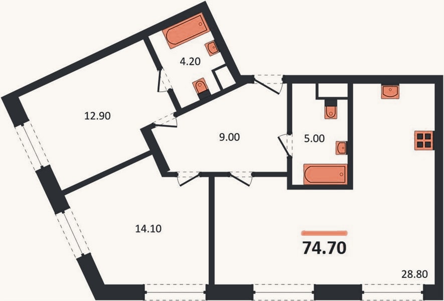 Планировка: 2-к, 74,7 м²