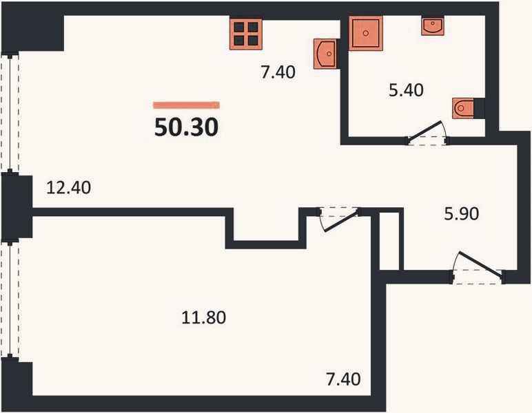 Планировка: 1-к, 50,3 м²