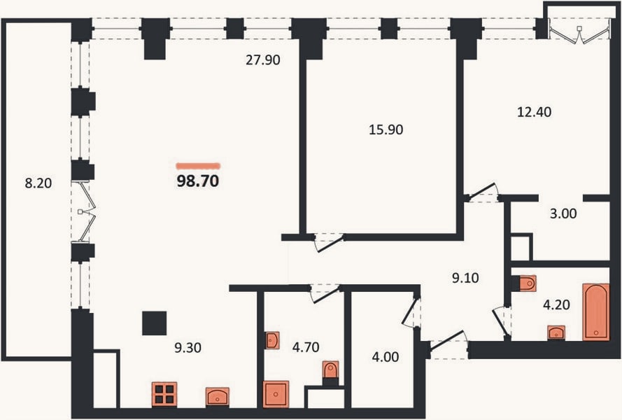Планировка: 2-к, 98,7 м²