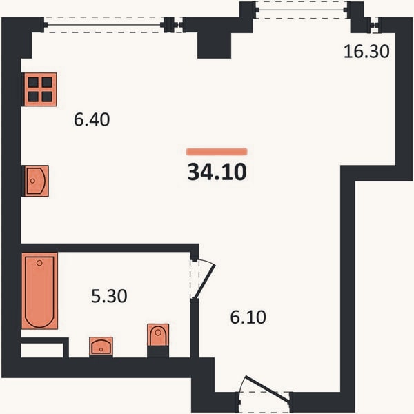 Планировка: Студия, 34,1 м²
