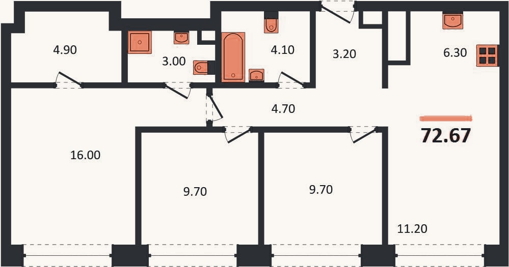 Планировка: 3-к, 72,7 м²