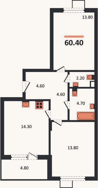 Планировка: 2-к, 60,4 м²