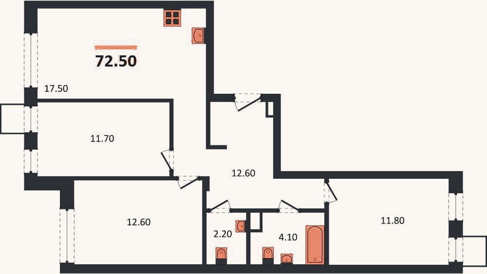 Планировка: 3-к, 72,5 м²