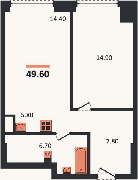 Планировка: 1-к, 49,6 м²