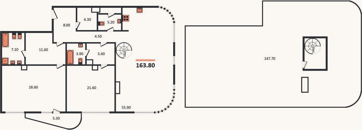 Планировка: 2-к, 163,8 м²