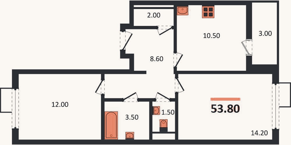 Планировка: 2-к, 53,8 м²