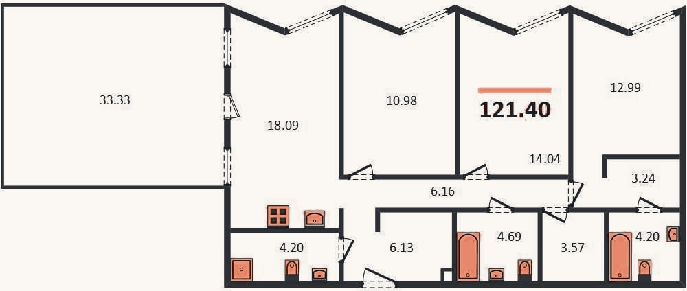Планировка: 3-к, 121,4 м²