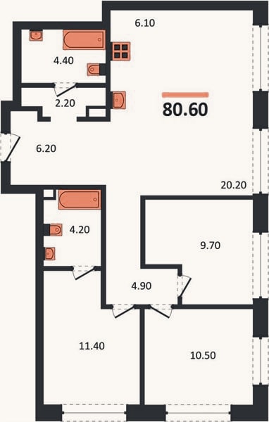 Планировка: 3-к, 80,6 м²