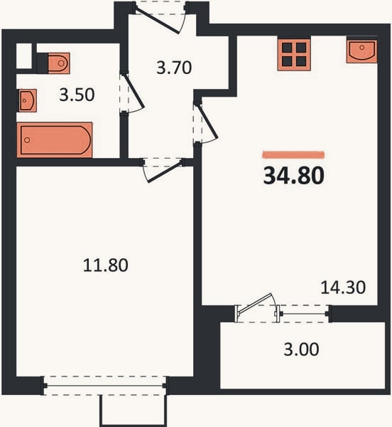 Планировка: 1-к, 34,8 м²