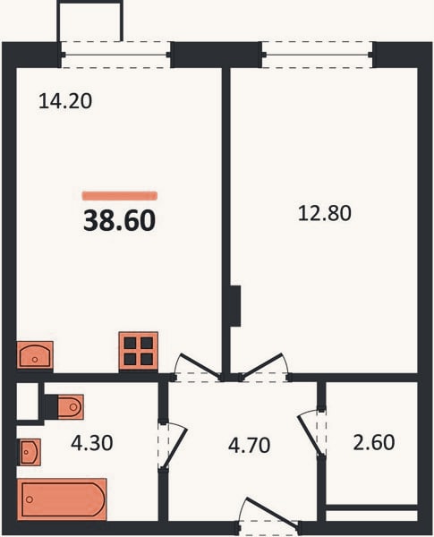 Планировка: 1-к, 38,6 м²