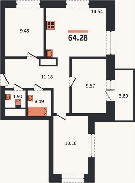 Планировка: 3-к, 61,8 м²