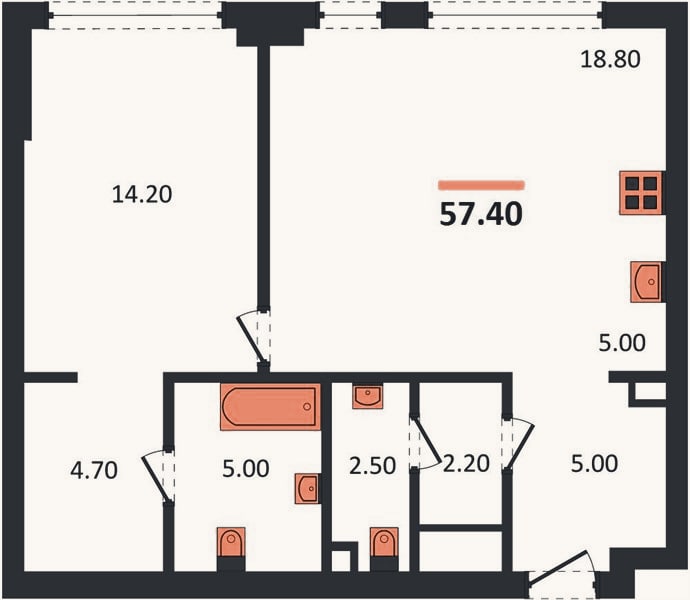 Планировка: 1-к, 57,4 м²