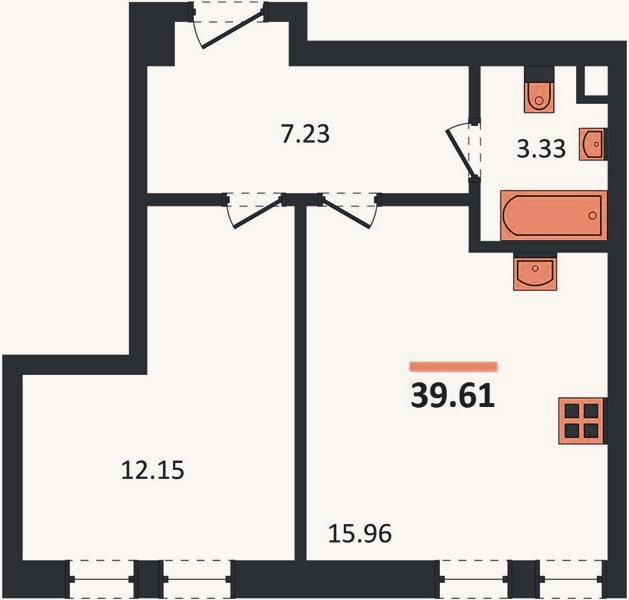 Планировка: 1-к, 39,6 м²