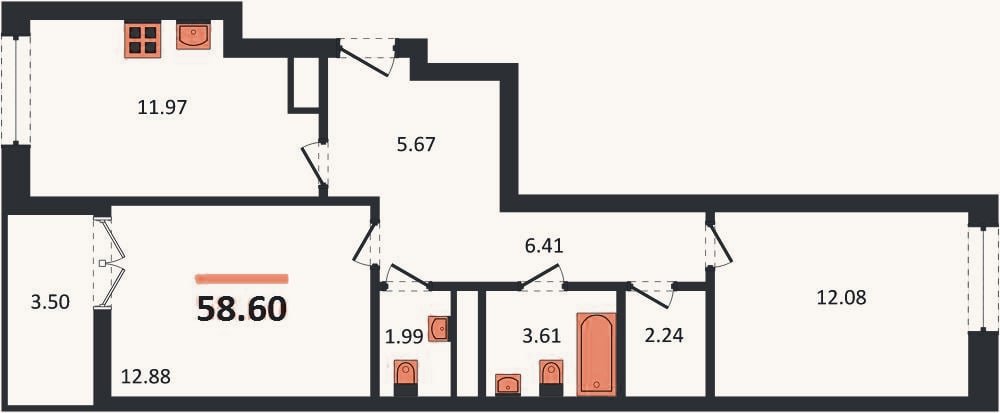 Планировка: 2-к, 58,6 м²