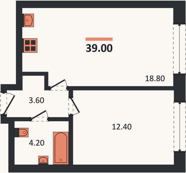 Планировка: 1-к, 39 м²