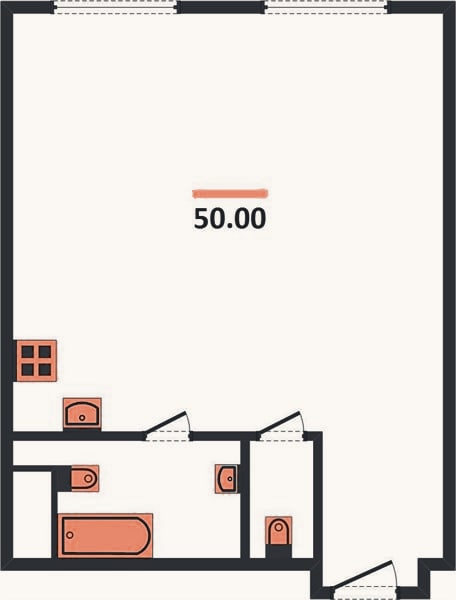 Планировка: 1-к, 50 м²