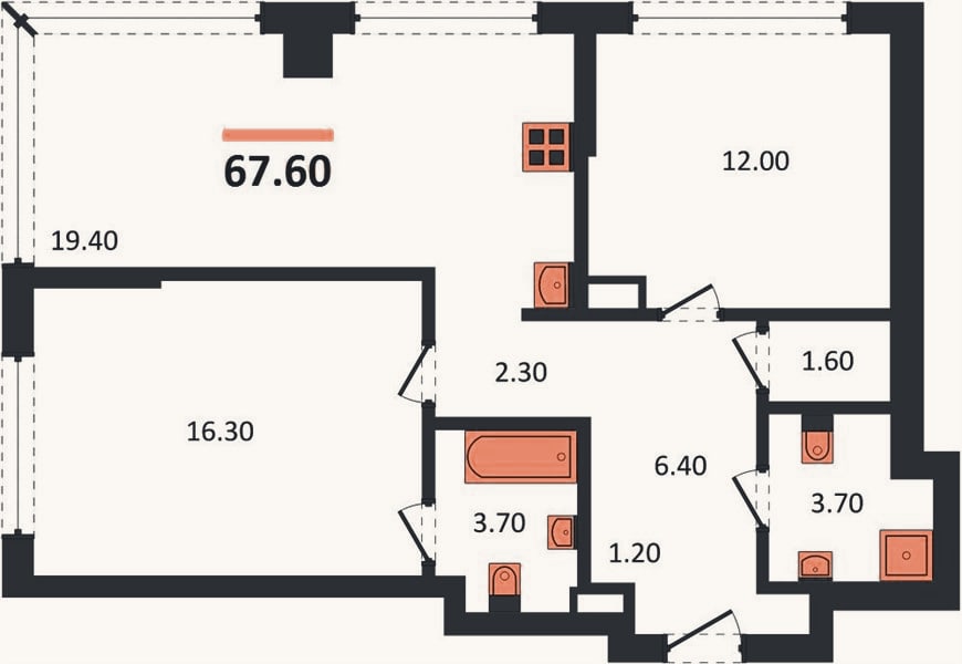 Планировка: 2-к, 67,6 м²