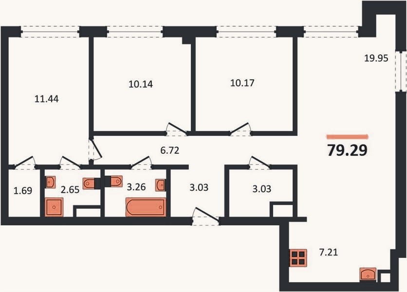 Планировка: 3-к, 79,3 м²