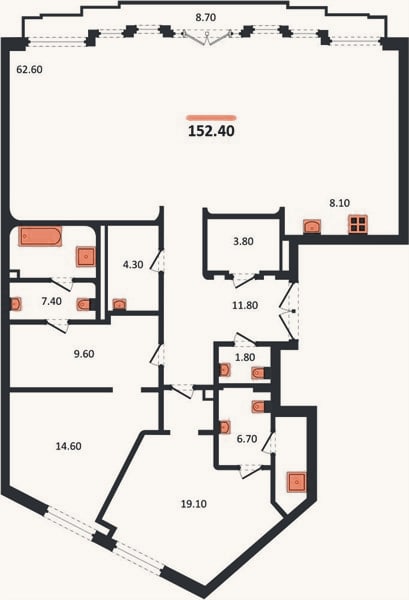 Планировка: 2-к, 152,4 м²