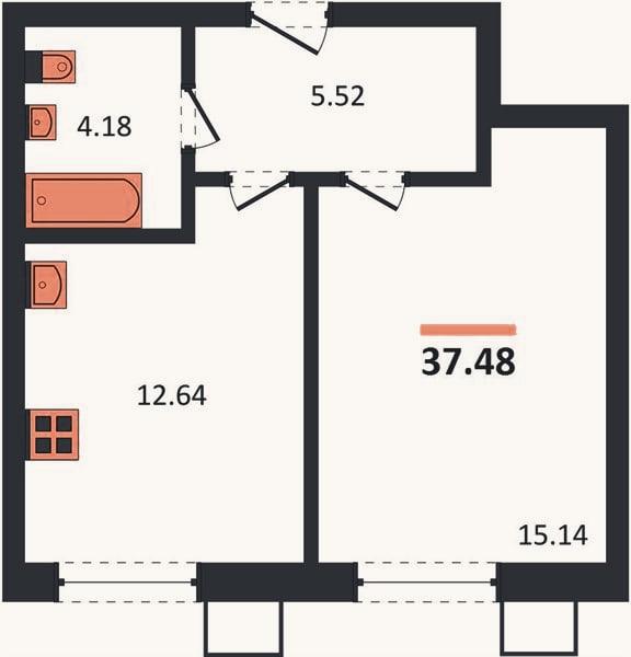 Планировка: 1-к, 37,5 м²