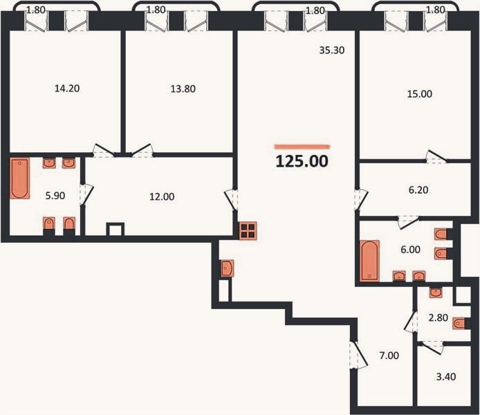 Планировка: 3-к, 125 м²