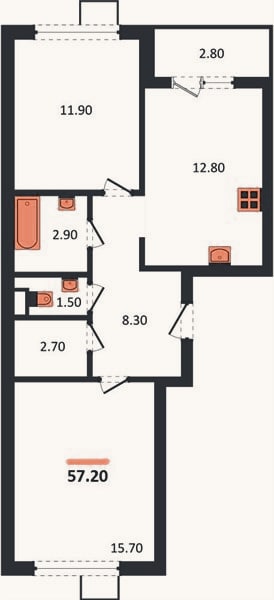 Планировка: 2-к, 57,2 м²