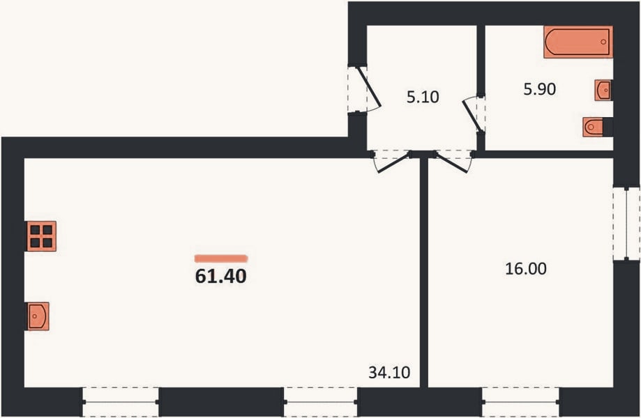 Планировка: 1-к, 61,4 м²