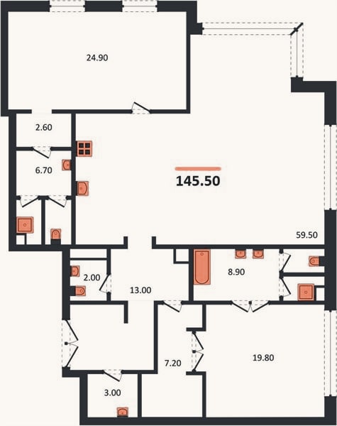 Планировка: 2-к, 145,5 м²