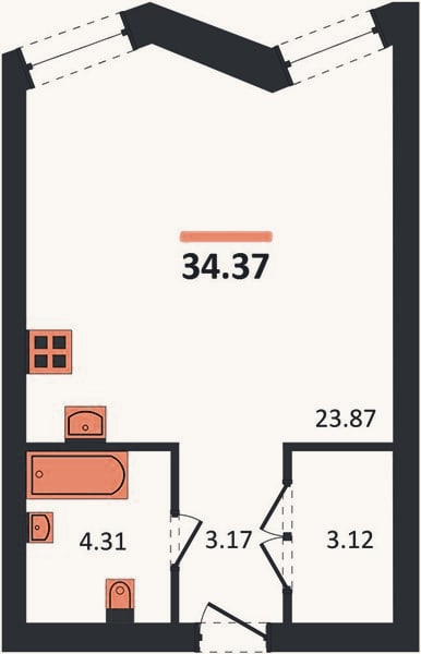 Планировка: Студия, 34,4 м²