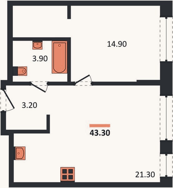 Планировка: 1-к, 43,3 м²