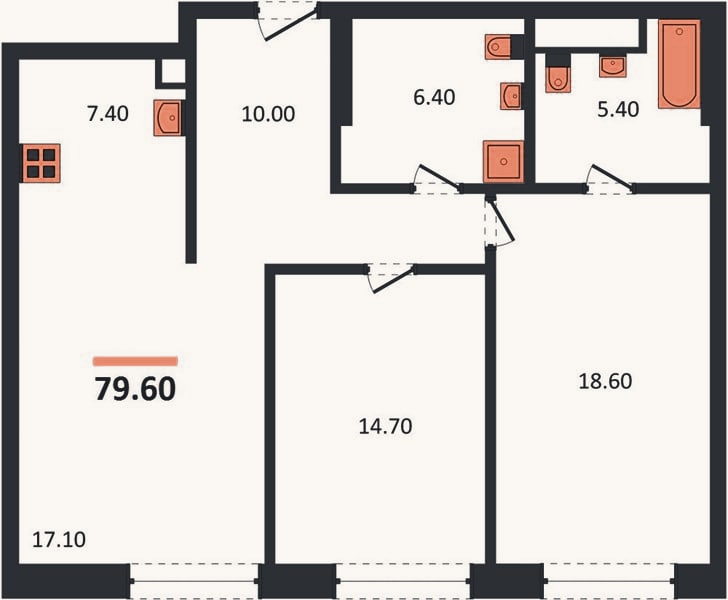Планировка: 2-к, 79,6 м²