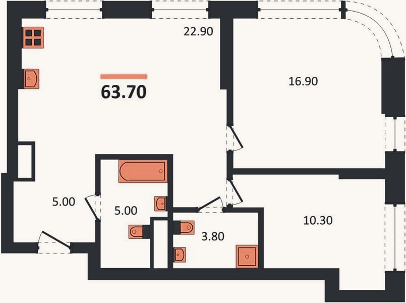 Планировка: 2-к, 63,7 м²