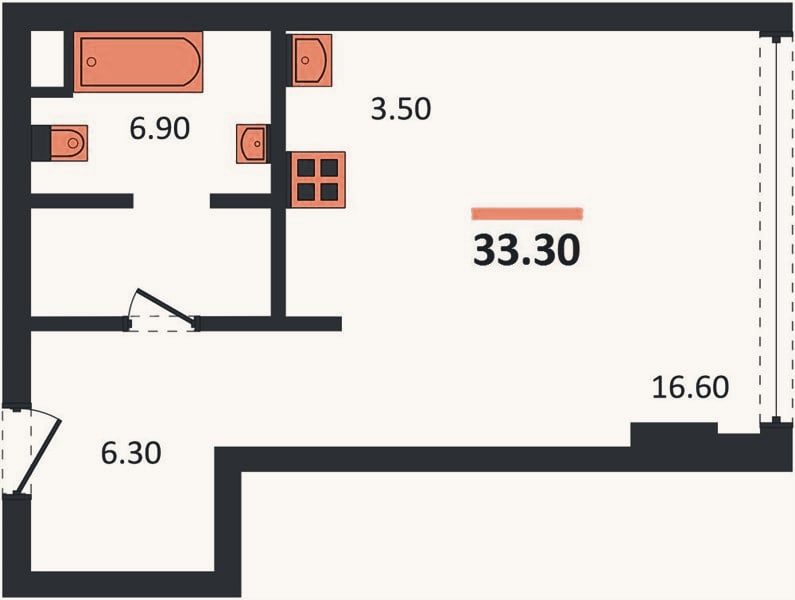 Планировка: Студия, 33,3 м²