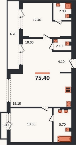 Планировка: 2-к, 75,4 м²
