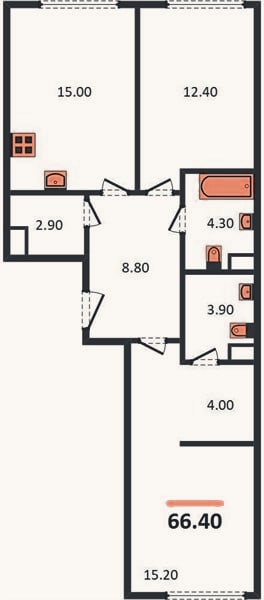 Планировка: 2-к, 66,4 м²