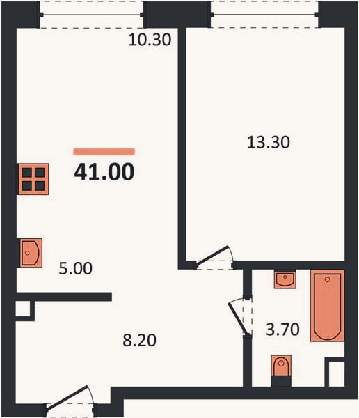 Планировка: 1-к, 41 м²